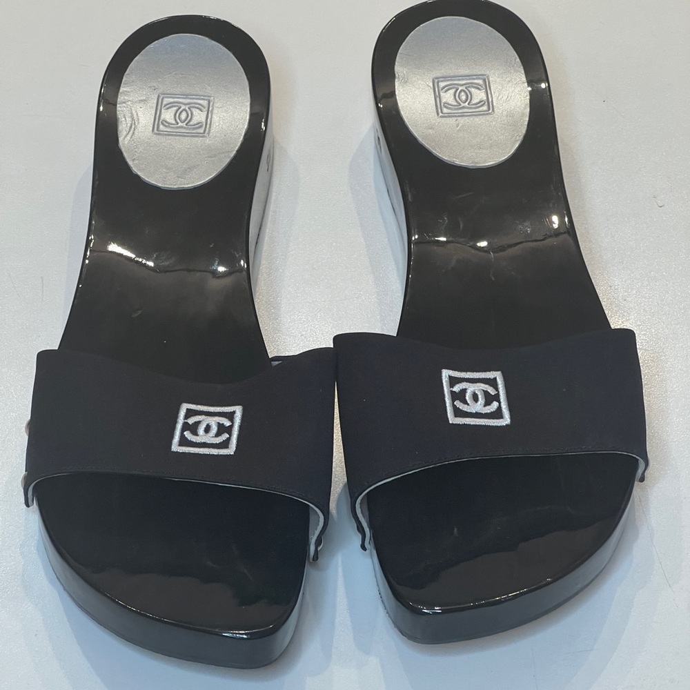 Authentic Chanel Lacquered Wood CC Logo Clogs Sandals